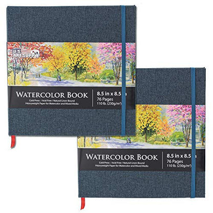 U.S. Art Supply 8.5" x 8.5" Watercolor Book (2 Pack, 76 Sheets Each) - 110lb (230 GSM) Linen-Bound Hardcover Artist Paper Pads - Acid-Free Cold-Pressed Watercolor Paper Pad Mixed Media - size: 8.5-x-8.5-inch