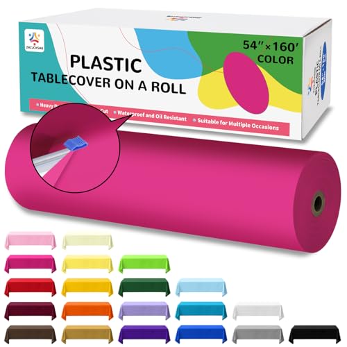 54IN X 160FT Plastic Table Cover Roll with Cutter Box, Cut to Size Plastic Table Cloths for Parties, Birthday, (Fuchsia, 54"x1920") - color: Fuchsia, size: 1920" x 54" (Rectangular)