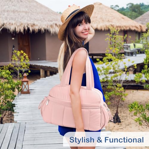 TOPDesign Travel Duffel Bag for Women, Puffer Gym Bag Sports Tote with Wet Pocket, Carry On Weekender with Luggage Sleeve (Pink) - color: Pink