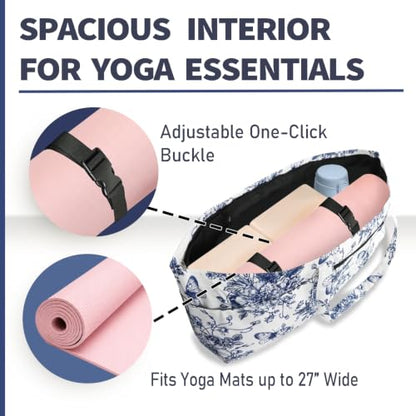 Yoga Mat Bag Yoga Tote Bag with Large Waterproof Zipper Pocket and Drawstring Pocket Yoga Mat Bag Carrier Fit Most Size Mats and All You Stuff - color: white blue