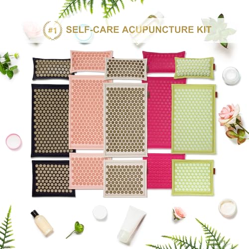 UNMERA Acupressure Mat and Pillow Set,Natural Linen & Coconut Fiber Filling | Back/Neck Pain Relief, Sciatic, Headache and Muscle Relaxation, Comes with Carrying Bag - color: Forest Green