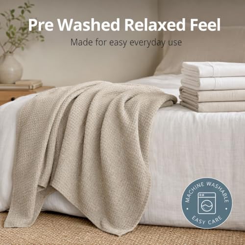 Pure 100% Linen Throw Blanket 50x60-inch Waffle Weave Linen Beach Blanket - color: Natural Linen, size: Throw Blanket