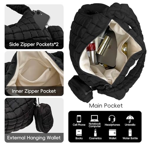 Puffer Tote Bag for Women, Large Quilted Puffer Bag with Pouch, Puffy Quilted Hobo Bag, Puff Crossbody Purse - color: 2-black