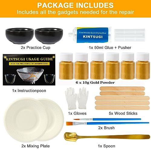 deuvuo Kintsugi Repair Kit Gold, 21 Pcs Authentic Kintsugi Repair Kit to Revive Your Broken Ceramic, Pottery, Mug, Bowl, Glass Keepsakes with Ease - Japanese Art DIY Set Bio for Beginners