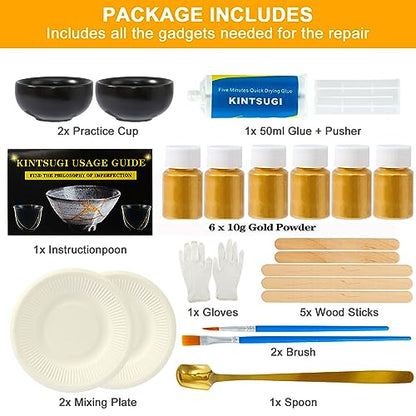 deuvuo Kintsugi Repair Kit Gold, 21 Pcs Authentic Kintsugi Repair Kit to Revive Your Broken Ceramic, Pottery, Mug, Bowl, Glass Keepsakes with Ease - Japanese Art DIY Set Bio for Beginners