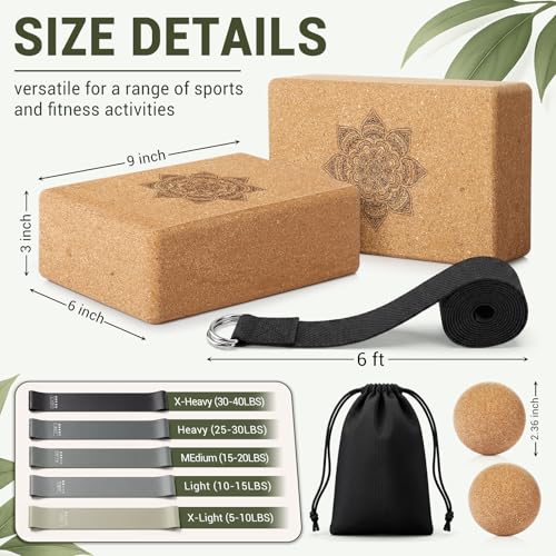 Outus 2 Pcs Yoga Accessories Cork Yoga Blocks Set 2 Cork Fascia Balls 5 Gray Gradient Series Resistance Bands 2 Black Socks and Balck Stretching Strap for Women Pilates, Stretching and Toning