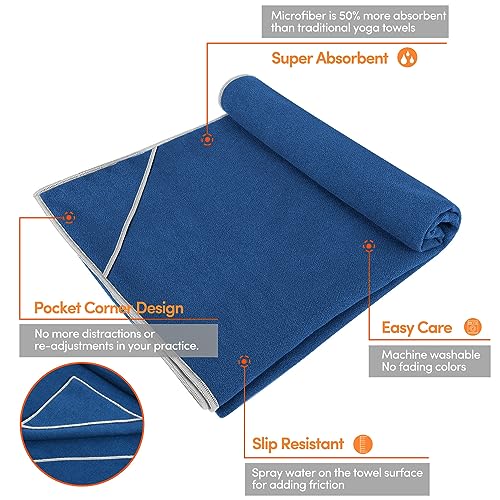 IUGA Yoga Towel for Hot Yoga Non Slip Extra Thick Yoga Mat Towel + Hand Towel 2in1 Set with Corner Pockets Super Absorbent and Quick Dry Hot Yoga Towel - color: Dark Blue, size: 72”X26”