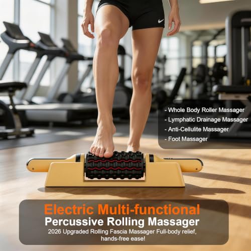 Electric Lymphatic Massager Roller with Red Light for Lymphatic Drainage | Electric Handheld Percussive Massager with redlight for Cellulite Massage, 6-Speed Foot Massager Roller with Hands-Free Base - color: Yellow