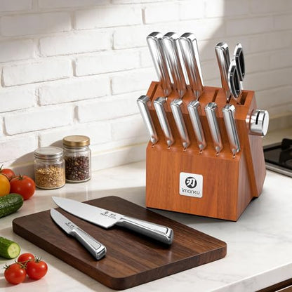 imarku Gyutou Knife Set, High Carbon Steel, Block & Sharpener, Gift Box | 56 HRC Hardness, 15° Razor Sharp Edge, Ergonomic Non-Slip Handle, Brown Wood Block, Ideal Gift for Cooking Enthusiasts - color: Silver/Brown
