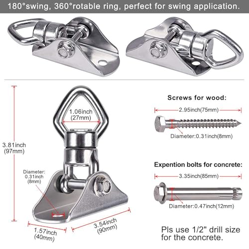 BeneLabel 800LB Capacity Swing Hanger with Bearing Swivel Stainless Steel Ceiling Mount Hanging Kit for Aerial Silks, Swings, Hammocks, Hanging Chair, Heavy Bag - color: Square Base Hanger(1 Pack)