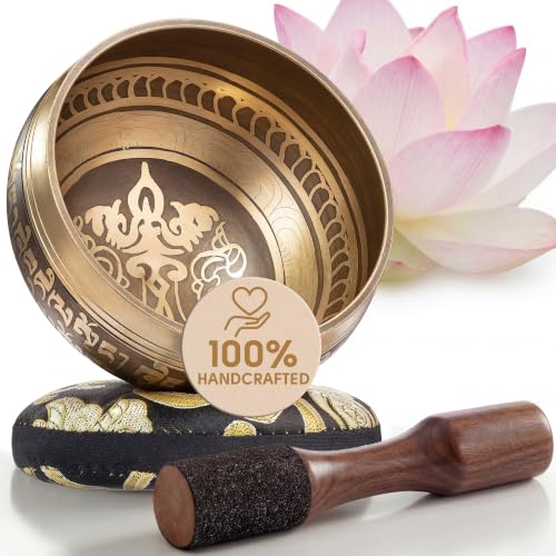 Silent Mind Tibetan Singing Bowl Set – Easy to Play & Beginner Friendly Meditation Bowl with Cushion & Mallet | Stress Relief & Mindfulness | Gift-Ready - color: Gold, size: Without Case