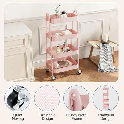 OLIXIS Metal 4 Tiers Rolling Storage Utility Cart with Lockable Wheels - color: Pink, size: 4-Tiered 18 inches