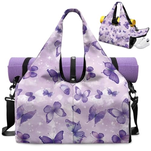 Gym Bag with Yoga Mat Holder Large Tote Bag With Multi Pockets for Women Men Dry Wet Separated Pocket Carryall Yoga Tote Bag for Pilates Travel Workout Office - color: Purple Butterfly