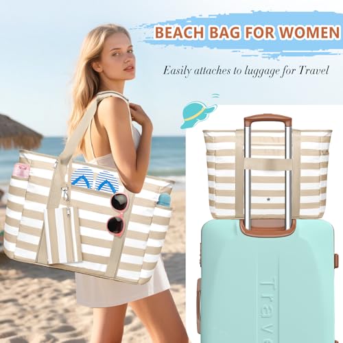 Extra Large Beach Bags for Women, Waterproof Sandproof Beach Tote Bag Foldable Swim Pool Bag with Zipper and Wet Pocket - color: Khaki White