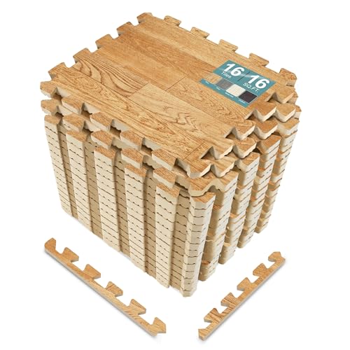 Sorbus Wood Grain Foam Floor Tiles (16 Tiles, 16 Sq Ft, Pine) | Interlocking mats for basement flooring; each tile covers 1 square foot and is 3/8-inch thick for home, office or playroom. - color: Wood Grain - Pine