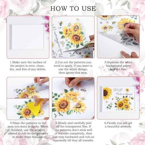 Joeyan Boho Flower Bouquets Rub On Transfers for Furniture and Crafts, 2 Large Flower Design Sheets 12''x18'', DIY Home Decal on Wood Glass Metal Canvas Porcelain Paper Plastic, Champagne Season - style: Boho Flower Bouquets