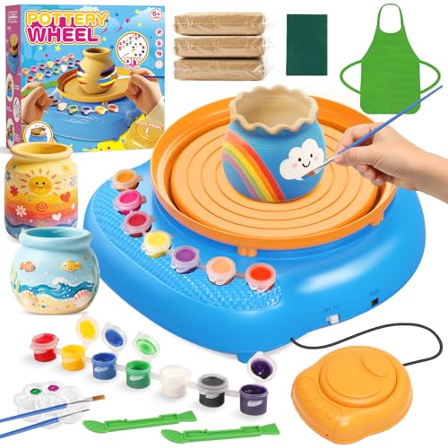 Weilim Pottery Wheel for Kids Beginners, Air-Dry Clay & Paint Kit Ages 6-12 | 3 Clay Packs, 14 Paint Colors, Sculpting Tools, Brushes, Palette,Apron; Gentle Beginner Spin, USB Rechargeable, No Oven - color: Blue