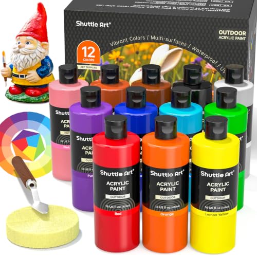 Shuttle Art Outdoor Acrylic Paint Set, 12 Colors Outdoor Paint,16oz Large Bottles, Rich Pigmented Bulk Painting Supplies for Artists, Beginners on Rocks, Wood, Wall, Crafts, Garden Statues - size: 16.9 Fl Oz (Pack of 12)