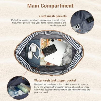 Beach Bag for Women - 35L Large Tote Bag, Waterproof & Sandproof, Zippered Carry On Bag for Pool, Beach & Travel - color: Striped
