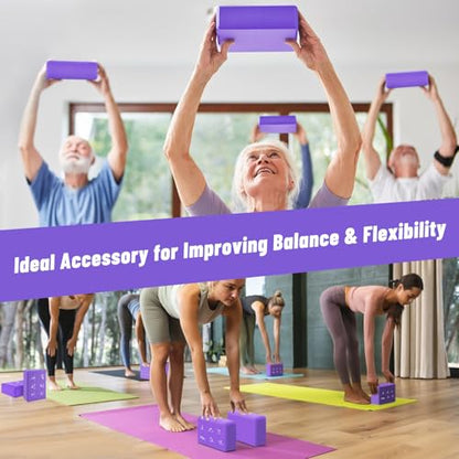 RETON 2 Pack Yoga Blocks and 2 Yoga Straps Set, Soft Non-Slip Yoga Block for Pilates, High Density EVA Foam Yoga Brick with Yoga Strap for General Fitness, Stretching, Improve Strength and Flexibility - color: Purple