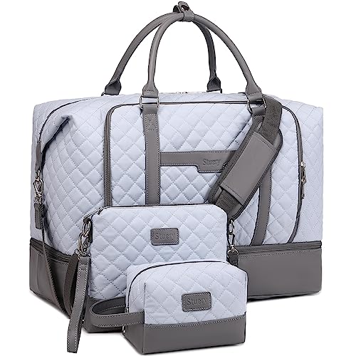 Weekender Bag, Large Travel Duffel Bag for Women, Carry on Overnight Bag with Shoe Compartment and Toiletry Bags - color: B-Light-Blue