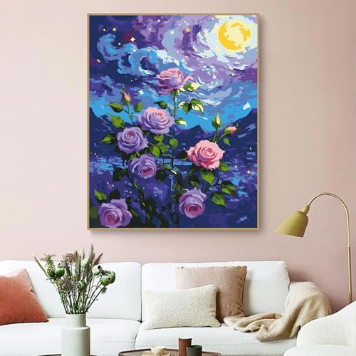 ZRIZQ Flowers Paint by Numbers Kit for Adults Beginner,Purple Rose,16x20 | Full set with wooden brushes,rolled canvas,rich paints.Calming activity.Beginner friendly.Just open and paint. - color: 16"X20"Rolled Canvas(Frameless)-Flowers 2
