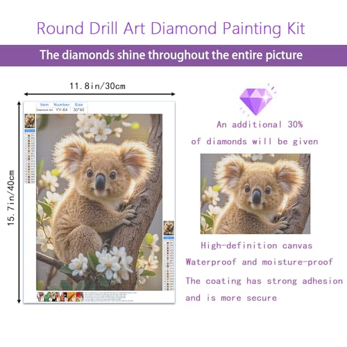 Koala 5D Diamond Painting Kit for Adults，Koala on Tree Animal Full Drill DIY Round Gem Art Diamond Art Kits Painting Crafts Ideal for Beginners and Home Wall Decor 12X16inch