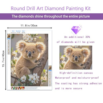 Koala 5D Diamond Painting Kit for Adults，Koala on Tree Animal Full Drill DIY Round Gem Art Diamond Art Kits Painting Crafts Ideal for Beginners and Home Wall Decor 12X16inch