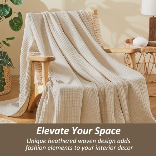 EMME Cotton Muslin Throw Blanket Couch Breathable Gauze Soft Lightweight Bed Blankets Adults (Heather Beige, 50"x60") - color: 03 - Beige, size: Throw (50" X 60")