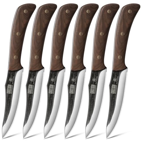 HOSHANHO Steak Knives Set of 6, Sharp 4.5" Non Serrated Steak Knife Set | Hand Forged High Carbon Steel Dinner Steak Knives with Full Tang Wood Handle, Gift with Men - size: 4.5"