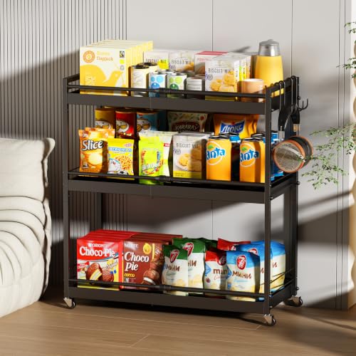 3 Tier Expandable Rolling Cart with wheels, pantry organizers and storage - size: 3 Tier(Black)