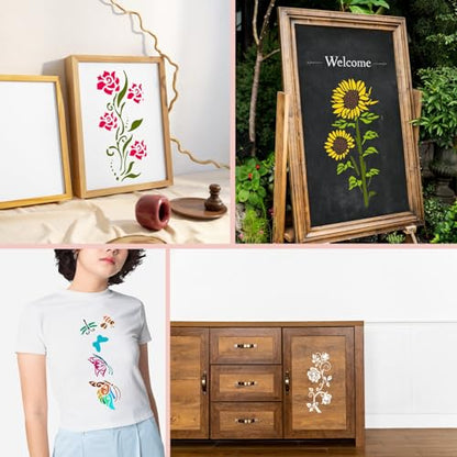 Flower Stencils for Painting, 6 Pcs 12 x 6 Inch for Wood Signs Canvas | Reusable & Easy to Clean, Botanical Patterns, Large Pattern Layouts, Painted Boards, Furniture Panels, Beginner Friendly - color: Large Flower