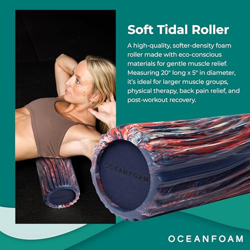Oceanfoam Soft Tidal Roller (Dark Navy, Red and Natural Marbled) - Low Density Foam Roller for Physical Therapy, Back Pain, Exercise & Stretching - Wave Textured - Yoga, Wellness - Full Size, 20" x 5" - color: Dark Navy, Red & Natural Marbled