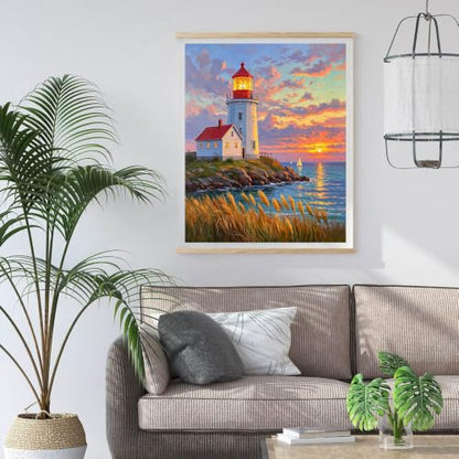Seaside Lighthouse 5D Diamond Art Kit for Adults Full Drill Canvas | 12x16 inch canvas, complete tool set, DIY wall art, relaxing craft, seaside lighthouse scene - color: QD153