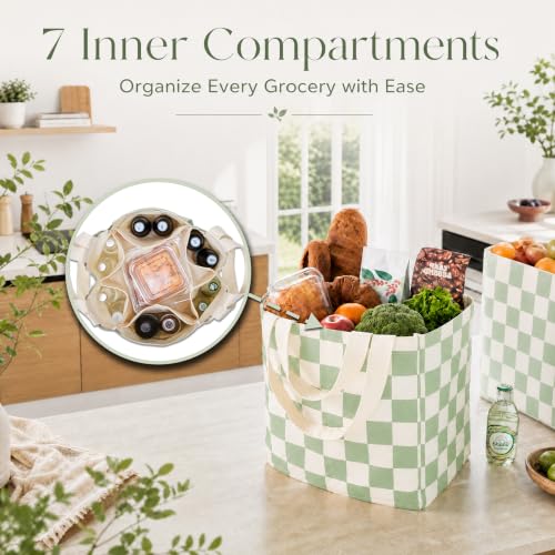 Checkered Reusable Grocery Bags, Cute Checkerboard Large Canvas Tote Bag, Reusable Shopping Bags Farmers Market Bag - color: Sage Green