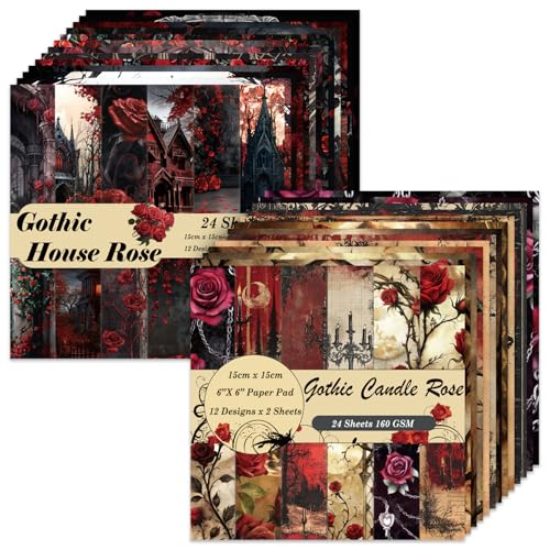 6x6" Scrapbooking Paper Pad Single Sided Decorative Colored Papers | 160GSM 24 Patterned 48 Sheets Cardstock,Art Paper for Craft Paper Present Wrapping DIY Junk Journal Supplies.Gothic H Rose C - color: 2PcsSet-Gothic House Rose Candle