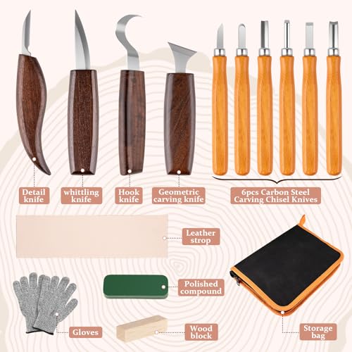 26 in 1 Wood Carving Tools Kit for Beginners | Complete Woodworking Tools Set, Wood Whittling Starter Kit, 4 Wood Knives and 6 Chisels, For Woodworking DIY Hobby Projects