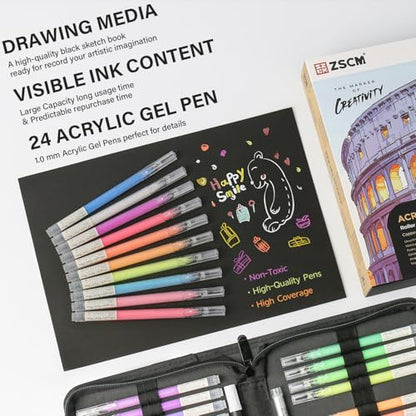ZSCM 24 Colors 3D Acrylic Gel Pens & Black Paper Sketchbook for Drawing | 1mm Fine Point Acrylic Ink Pen, Opaque Archival Dull Ink Pens for Black Paper Drawing, Sketching, Illustration, Card Making - color: 24 Packs-Bright