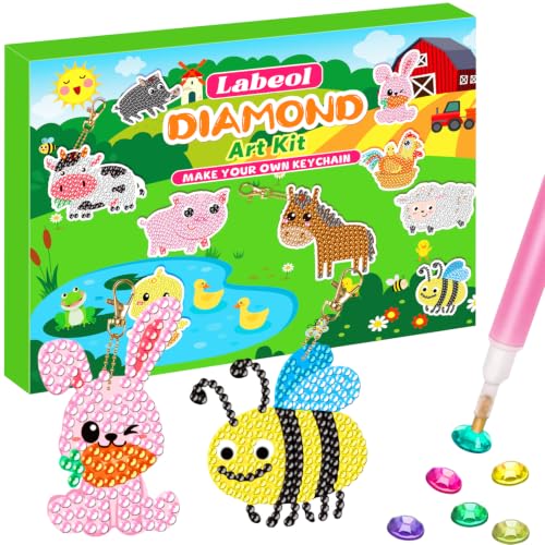 Labeol Arts and Crafts for Kids - Creat Your Own GEM Keychains-5D Diamond Painting by Numbers GEM Kits for Kids Girls Toddler Age 6-7 6-8 10-12 - style: Farm