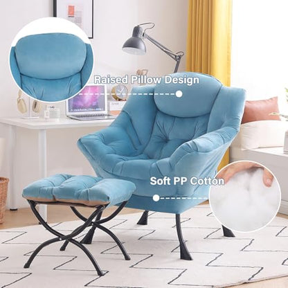Tiita Lazy Chair with Ottoman, Comfy Reading Accent Chair, Light Blue | Foldable Footrest, Padded Seat and Backrest, Side Pocket for Lounging in Living Rooms, Bedrooms, Dorms and Small Spaces - color: Light Blue
