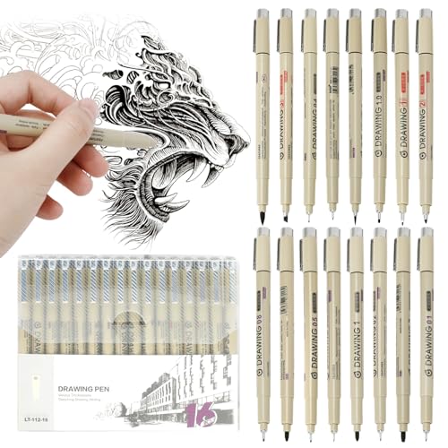16 Pack Micro Pen Set Waterproof Archival Ink Set Black Micro Fine Point Drawing Pens Archival Ink Brush Pen for Painting, Sketching, Writing, and Drawing