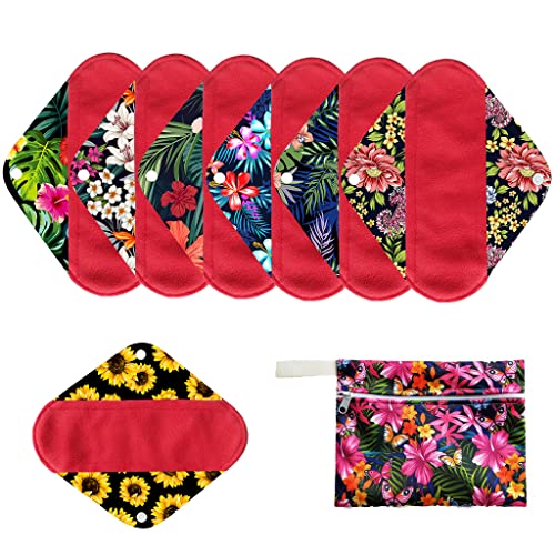 7pcs Set Reusable Women Menstrual Pads Including 1pc Mini Wet Bag +6pcs Reusable Washable Stay Dry Cloth Menstrual Pads/Maternity Mama Sanitary Wipes/Mama Panty Liners - color: Red Microfleece