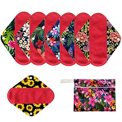 7pcs Set Reusable Women Menstrual Pads Including 1pc Mini Wet Bag +6pcs Reusable Washable Stay Dry Cloth Menstrual Pads/Maternity Mama Sanitary Wipes/Mama Panty Liners - color: Red Microfleece
