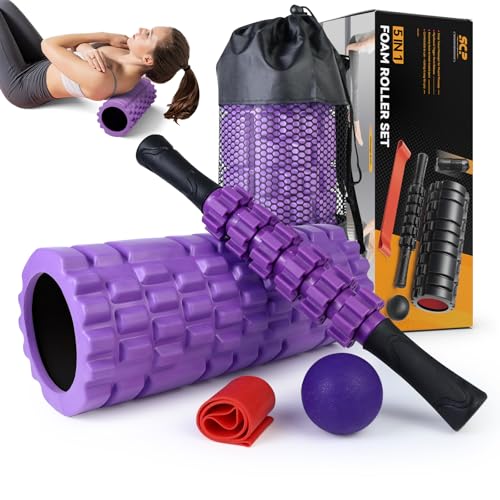 SUBCULTUREPICK 5 in 1 Foam Roller Set for Deep Tissue Muscle Massage | High Density Trigger Point Fitness Patented Exercise Roller, Muscle Stick, Massage Ball, Stretching Strap, for Whole Body - color: Purple