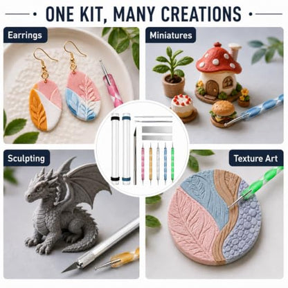 DIYOOHOMY 18 Pcs Polymer Clay Tools Kit, Rolling Pin with Thickness Rings | Air Dry Clay Jewelry Earring Making Set Sculpting, Small Acrylic Roller, Dotting, Tissue Blades Cutters Craft Knife, Needle - color: 14 Pcs