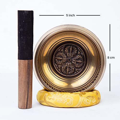 Large Tibetan Singing bowl Set - Bronze Style - Easy To Play - 5" Sound Yoga Bowl Mantra Design Mindfulness Meditation Healing Sound Gift By Himalayan Bazaar - color: Dorje - 5 Inch