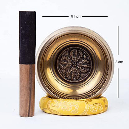 Large Tibetan Singing bowl Set - Bronze Style - Easy To Play - 5" Sound Yoga Bowl Mantra Design Mindfulness Meditation Healing Sound Gift By Himalayan Bazaar - color: Dorje - 5 Inch