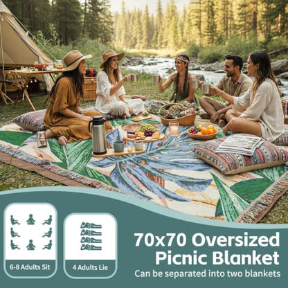 RYCHIC 2 in 1 Extra Large Outdoor Rug Picnic Blanket Camping Mat Lightweight Oversized Giant Turkish Boho Beach Mexican Serape Baja Cobijas Mexicanas para Mesa Stadium Outside Festival Grass Hammock - color: Boho Green