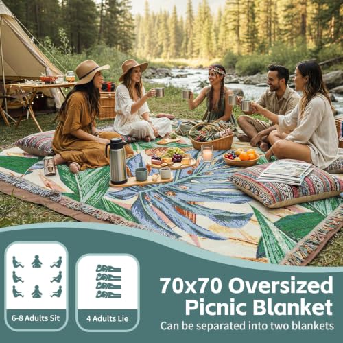 RYCHIC 2 in 1 Extra Large Outdoor Rug Picnic Blanket Camping Mat Lightweight Oversized Giant Turkish Boho Beach Mexican Serape Baja Cobijas Mexicanas para Mesa Stadium Outside Festival Grass Hammock - color: Boho Green