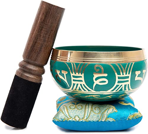 Tibetan Singing Bowl Set - Authentic Handcrafted Mindfulness Meditation Holistic Sound 7 Chakra Healing by Himalayan Bazaar (Turquoise) - color: Turquoise Blue